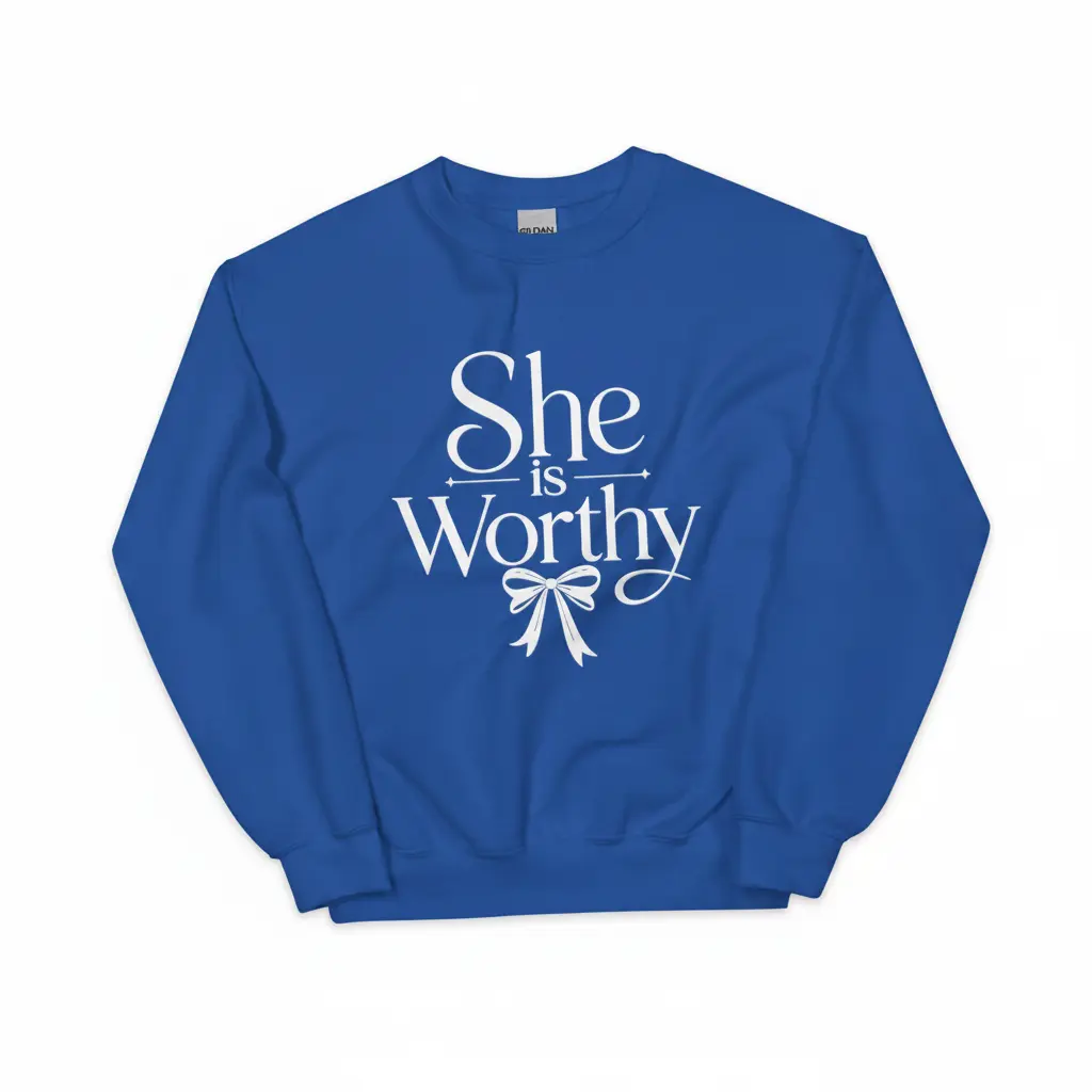 Women’s Inspirational Sweatshirt – “She Is Worthy” Elegant Crewneck