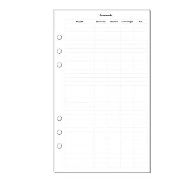A5 Password Tracker, Filofax A5 Planner Inserts, Carpe Diem A5 Inserts, Pre-punched A5 Password Tracker, A5 Password List