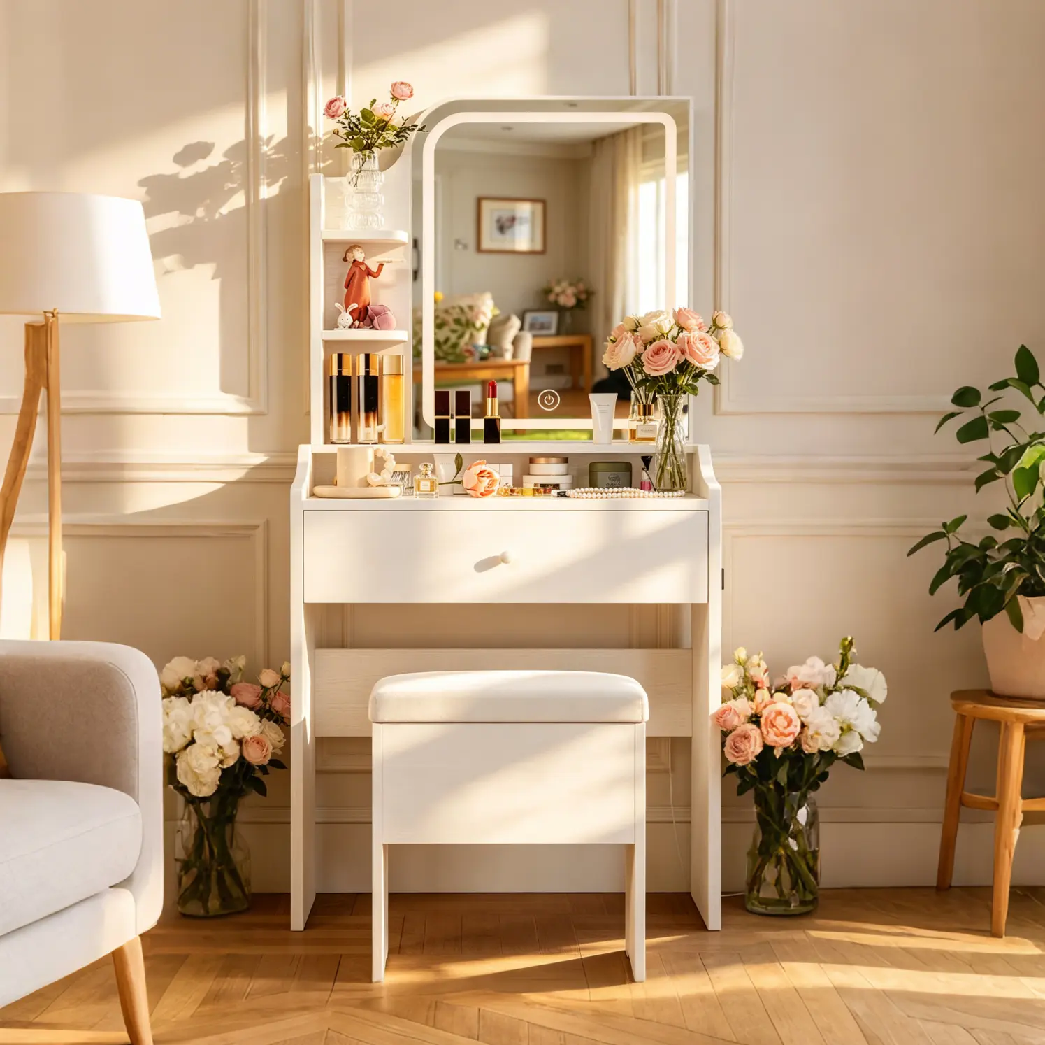Indoor Furniture Makeup Vanity Set with LED Lights, Stool, Drawers and Side Storage Shelves