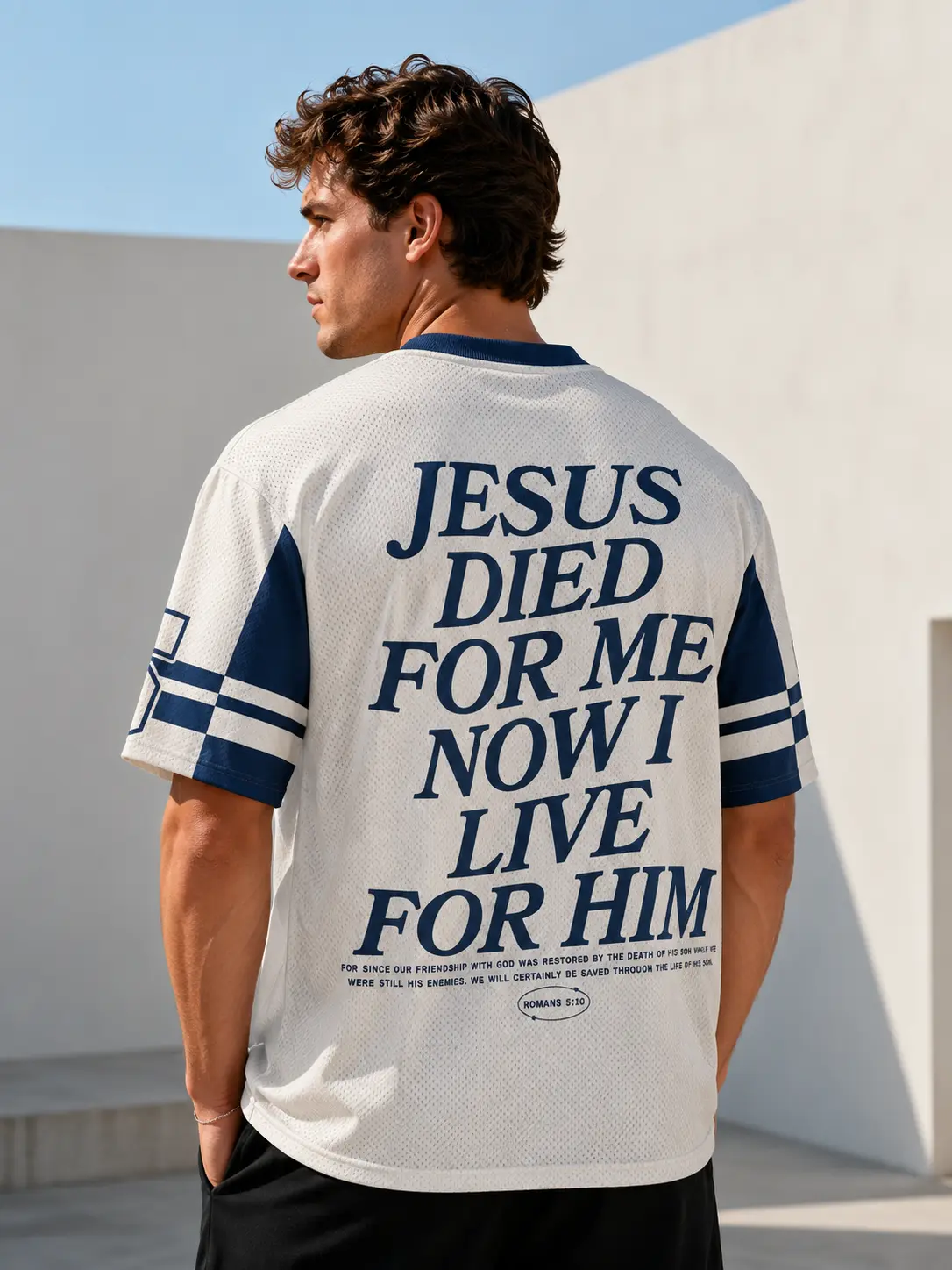 "I LIVE FOR HIM" Christian Casual Shirt, Romans 5:10 Front Back Faith Graphic for Men Womenswear, Unisex V-Neck Mesh Jersey Athletic Shirt, Breathable Lightweight Church Worship Streetwear Gift, XXS-7XL