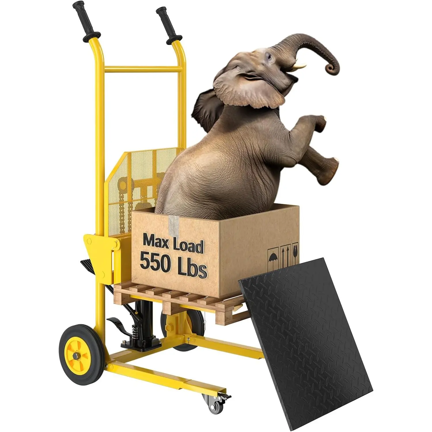 Portable Hydraulic Material Dolly, 550lbs Capacity Steel Platform with Upgraded Baffle, 18.5in Forks, 37.4in Max Height, Front Universal Wheels & 9in Polyurethane Wheels Hand Forklift
