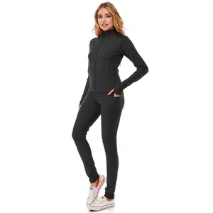 Solid color activewear define jacket with yoga legging set  : Black