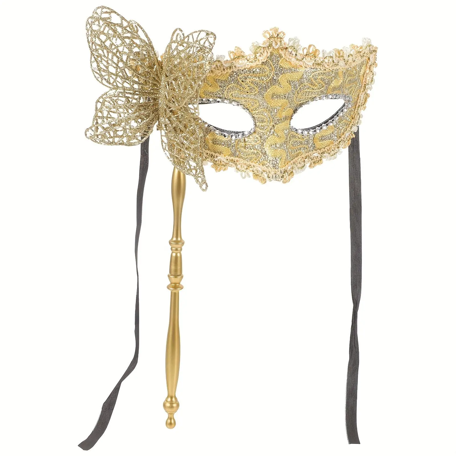 Cosplay Performance Party Gathering Mask with Stick, Handheld Dragon Pattern Masquerade Mask, Handheld Side Butterfly Golden - Suitable for Halloween, Christmas, Parties, and Balls