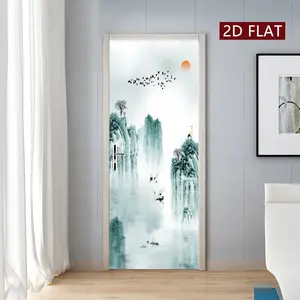 Ink and Crane Shadow Mountain Water Pattern Door Sticker, 2 Counts/set Easy Apply Peel & Stick Door Decal, Waterproof & Scratch Resistant Decoration Painting for Home, Kitchen, Bathroom, Bedroom