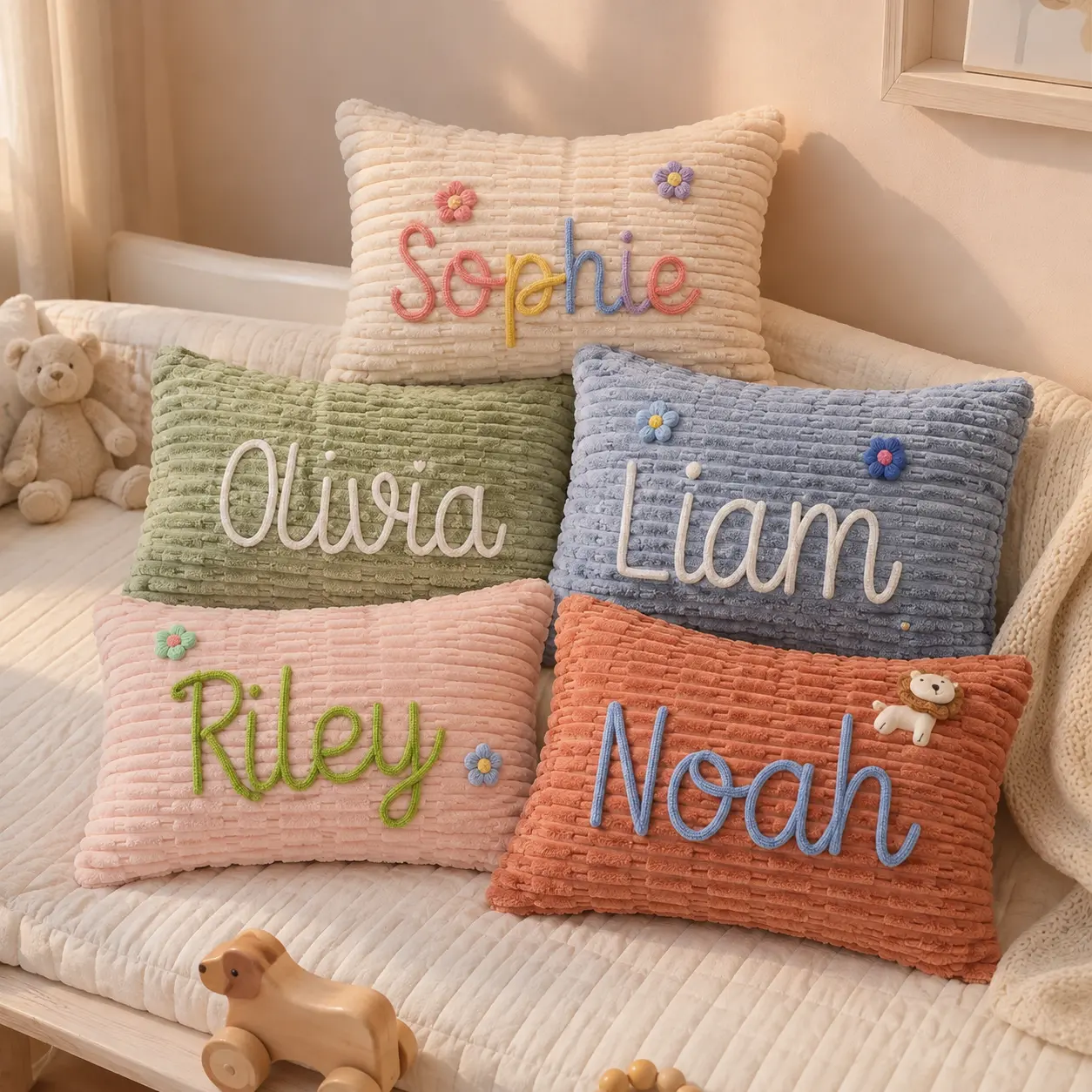 [Made-to-Order] Personalized Nursery Lumbar Pillow, Corduroy Crib Cushion, Custom Baby Name Gift