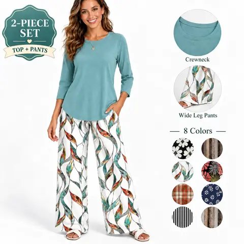 WIHOLL FASHION Two Piece Sets for Women Lounge 3/4 Length Sleeve Womens Tops Graphic Pants with Pockets Summer Outfits 2026