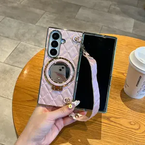 High-Quality Gold Plated Mirror Case with Magnetic Stand, Folding Hand Strap, Compatible with Samsung Z Fold 3-7 Smartphone, Full Protection Cover