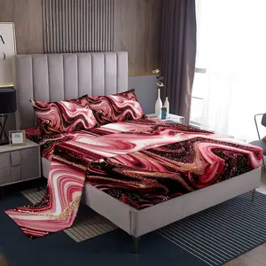 Red Black Marble Sheet Set,Modern Marble Aesthetic Bed Sheets Set,Retro Stone Pattern Sheets,Marble Texture Printed Bedding Set