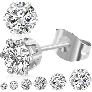 6 Pairs Stud Earrings for Women, 3-8mm Stainless Steel Cubic Zirconia Earrings Set, 14K Silver/Gold Hypoallergenic Flat Back Earring for Sensitive Ears, Jewelry Gift Idea