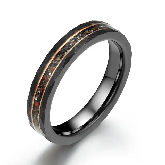 Rings By Pristine Black Hammered Tungsten Dinosaur Bone and Meteorite Women's Wedding Band 4MM