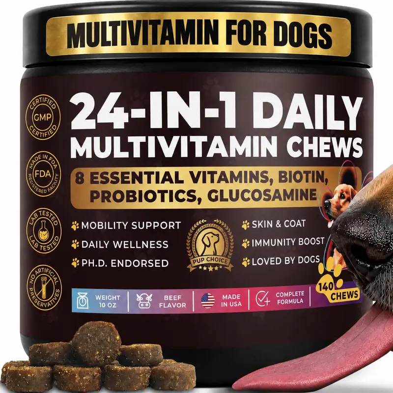 24-in-1 Complete Multivitamin Treats for Dogs - PhD Endorsed 8 Vitamins, Biotin, Probiotics, Glucosamine - Daily Wellness, Immunity, Skin & Coat, Mobility 140 Treats - Beef Flavor - Made in USA