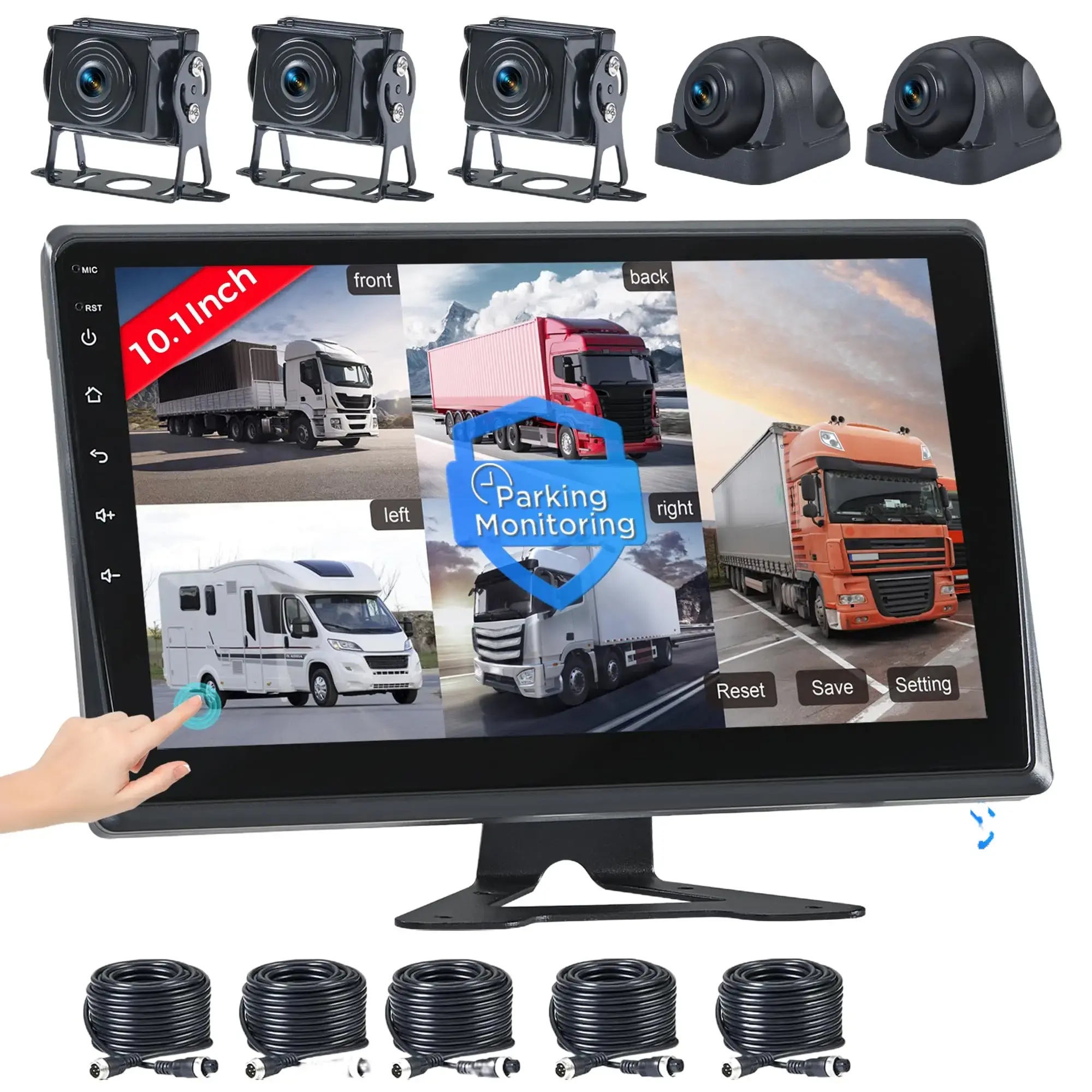 VOONOA RV Camera System with CarPlay, Android Auto, 5 1080P Wired Backup Camera, 10.1" HD Android 13 Touch Screen, Parking Monitoring, Navigation, DVR, BT, Magnetic Solar - for Semi Truck, Camper - 2-Year Replacement Service, 24/7 Documentation, Automotiv