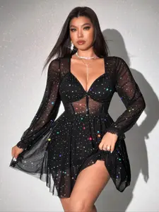 Elegant V-Neck Long Sleeve A-Line Mini Dress, Sparkling Party Gown, Perfect for Daily Wear & Special Occasions, Women's Fashion