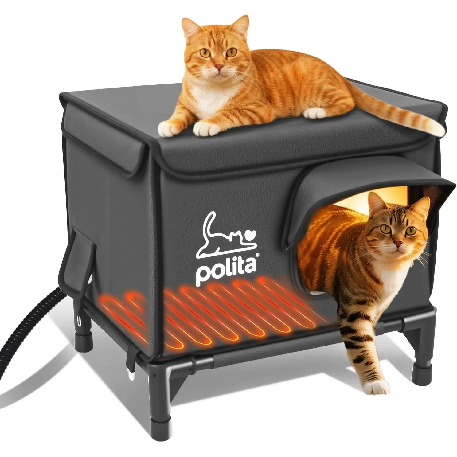 Rugged Heated Cat House for Outdoor Cats in Winter, Extremely Insulated & 100% Weatherproof, Elevated Feral Cat Shelter with Waterproof Eaves & Safe Escape Door for Stray & Barn Cats​​