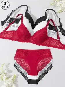 3 sets of sexy lace women's underwear set with underwire strong gathering 3D three-dimensional coaster skin-friendly and comfortable adjustable shoulder strap underwear casual dating wear multi-color optional solid color women's underwear bra panty set