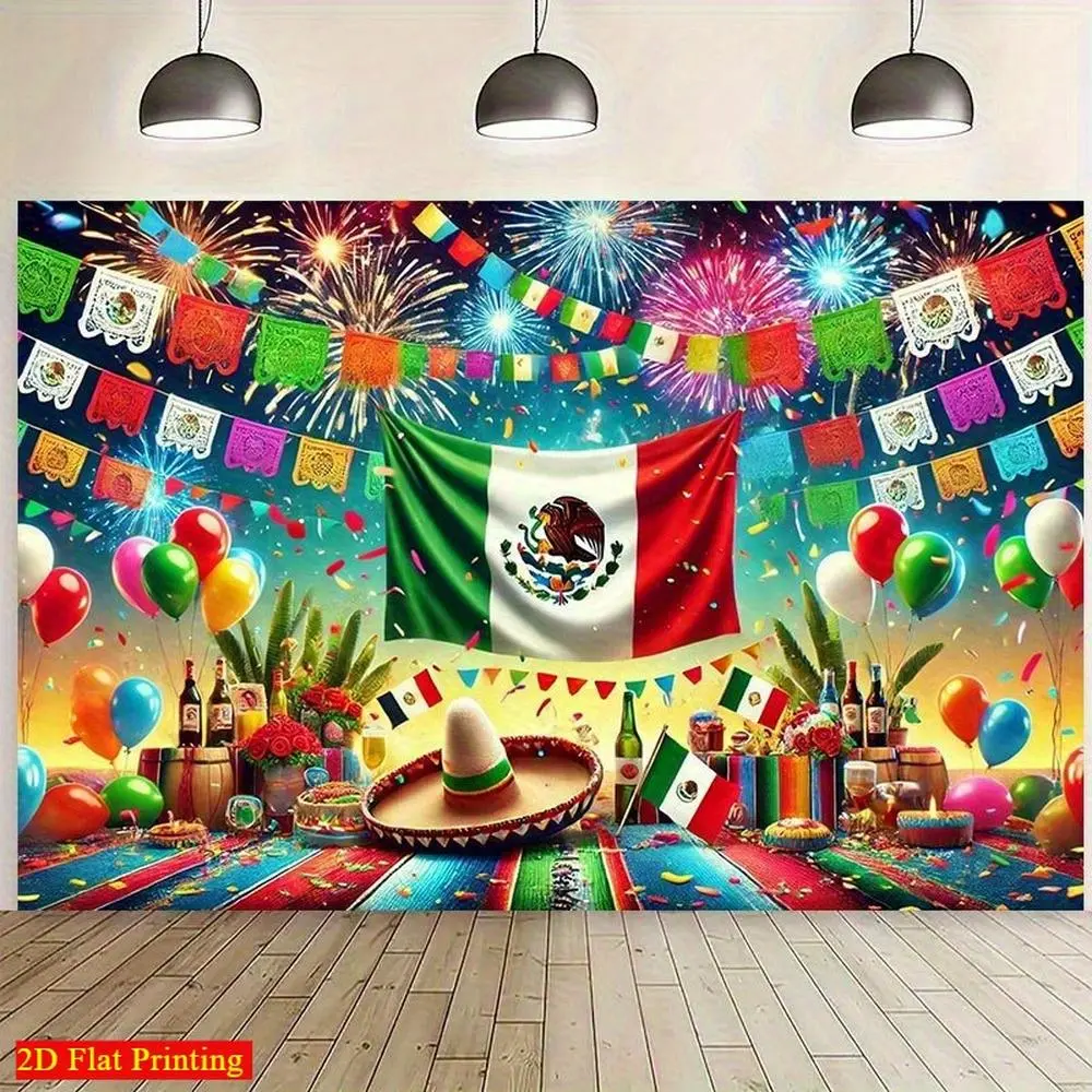 1pc 2D Flat Banner Mexican Fiesta Party Banner - Vibrant Mexican Flag Fireworks & Sombrero Design Durable Polyester Large Photography Backdrop for Birthdays Graduations - Indoor/Outdoor Wall Decor G