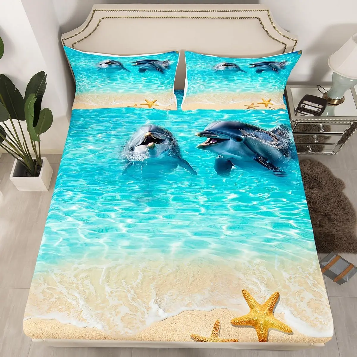 Cute Dolphin Fitted Sheet,Ocean Beach Bedding Set,Underwater World Sea Life Bed Sheets Adult Room Decor,Summer Ramantic Hawaii Style Deep Pocket Sheet