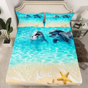 Cute Dolphin Fitted Sheet,Ocean Beach Bedding Set,Underwater World Sea Life Bed Sheets Adult Room Decor,Summer Ramantic Hawaii Style Deep Pocket Sheet