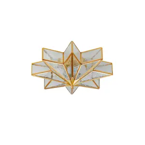 Aeyee Star Shaped Flush Mount Ceiling Light with Ceramic Light Socket Brass Ceiling Lighting Fixture, Mid Century Ceiling lamp, Rippled Glass