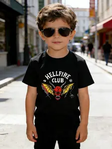 Boys' black summer tee! Stranger Things Hellfire Club print—eye-catching, instantly edgy and cool with shorts #Stranger Things Kids #Hellfire Club #Edgy Kids Wear