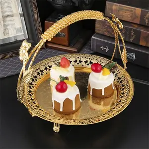 Metal Fruit Plate with Handle, Hollow Out Design Fruit Basket, Snack Cake Tray, Home Decor for Living Room Coffee Table, Party, Wedding, Anniversary, Organiser