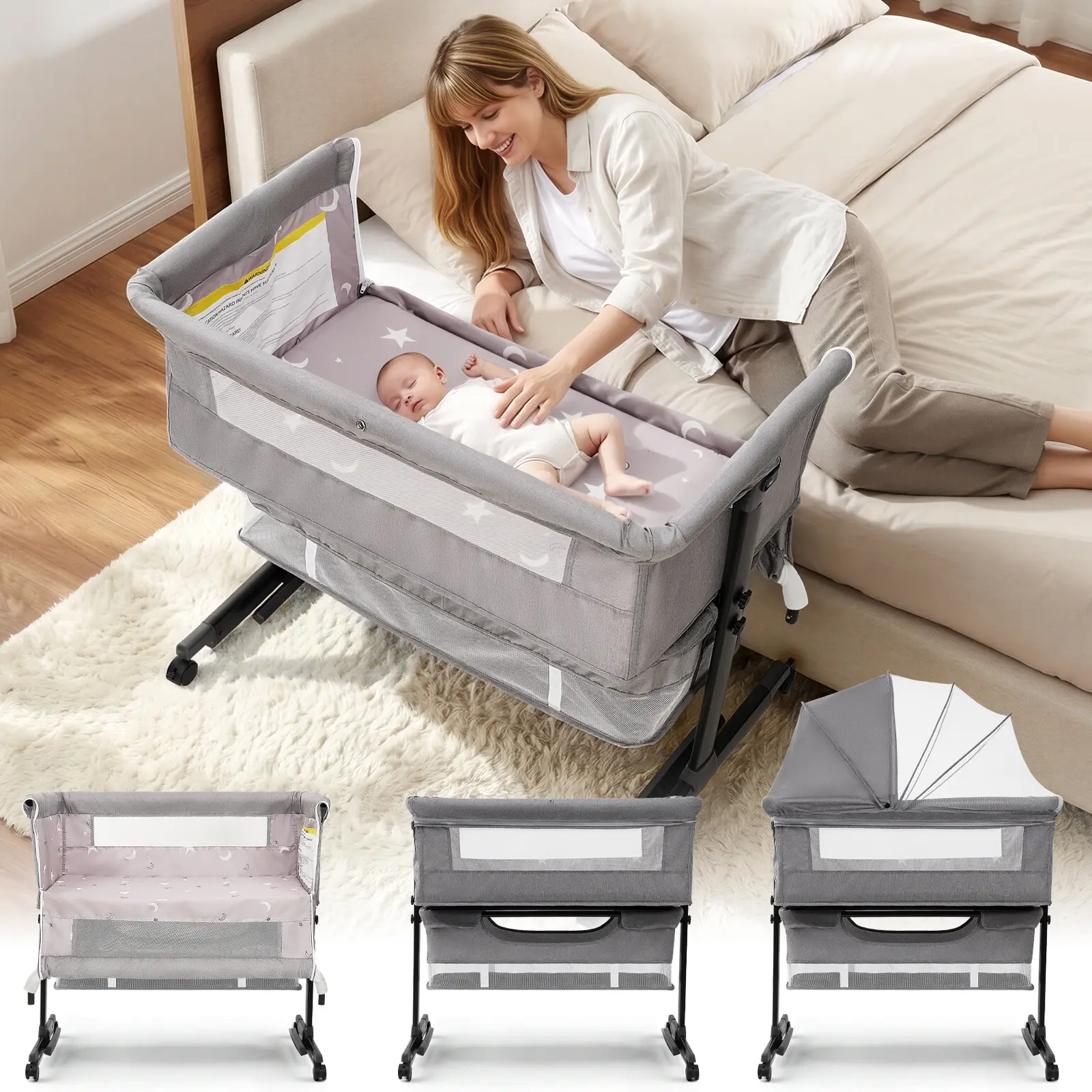 3 in 1 Baby Bassinet Bedside Sleeper Adjustable Height Safe Sleep Design Breathable for Baby Foldable Portable Travel Crib Wheels Storage Basket Included