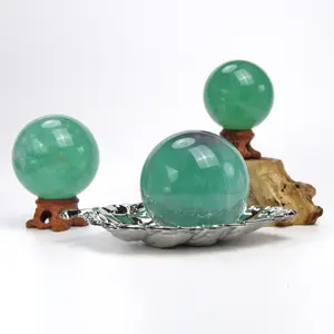 Natural Green Fluorite Baja Blast Crystal Decorative Balls Divination Sphere with Wood Stand Large Ball for Feng Shui, Reiki
