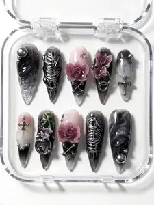 Dark Coquette Press On Nails 3D Pink Flower Silver Cross And Gothic Nails Art