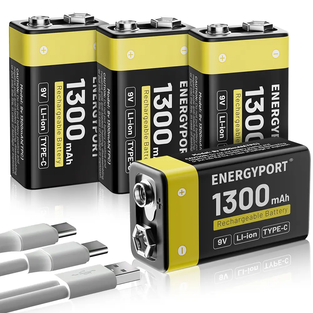 ENERGYPORT Rechargeable 9V Lithium Batteries (4-Pack, 1300mAh) - USB-C Rechargeable with 2-in-1 Charging Cable, Long-Lasting Power for Smoke Alarms, Multimeters, Toys