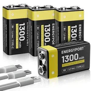 ENERGYPORT Rechargeable 9V Batteries 4 Pack , 1300mAh 9 Volt Lithium Long Lasting Power, USB-C Recharge with 2 in 1 Charging Cable for Smoke Alarms,Multimeters,Microphones,Walkie-Talkie,Toys