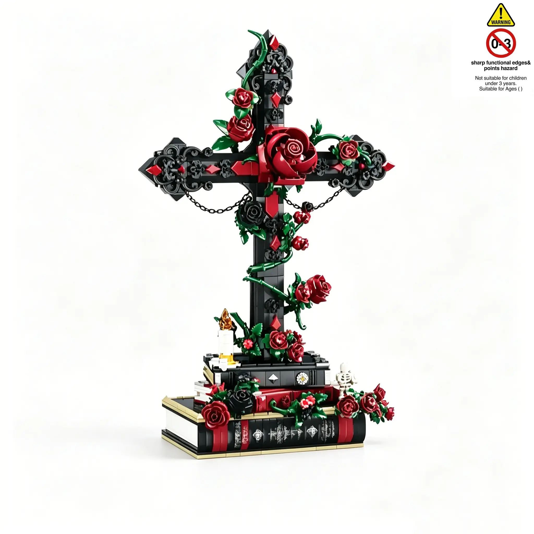 Gothic Rose Cross Building Blocks Set - 1349PCS Dark Romantic Art Model with Exquisite Gift Box, Ideal for Halloween & Adult Gifting