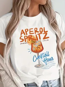 1pc Aperol Spritz Cocktail Hour Graphic Tee, Casual Crew Neck Polyester Knit Fabric T-Shirt, Slight Stretch Summer Top for Women