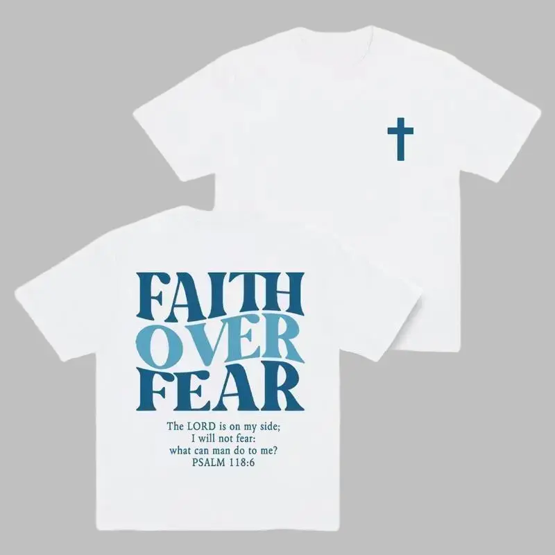Menswear Unisex Faith Over Fear Cotton Tshirt - 180G Lightweight Breathable Fabric, Short-Sleeve Vintage Urban Streetwear Top, Minimalist Bold Slogan, Classic Plain Casual Gym/Everyday Wear for Fashion Lovers