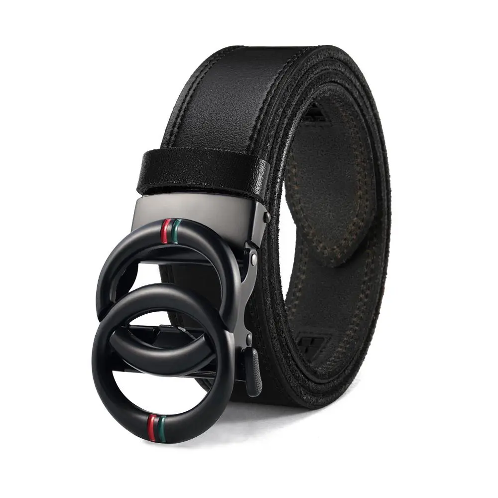 Luxury Double Ring Automatic Buckle Men Leather Belt Cuttable No Hole Ratchet Belt Casual Business Dress Premium Mens Waist Belt Accessories country concert