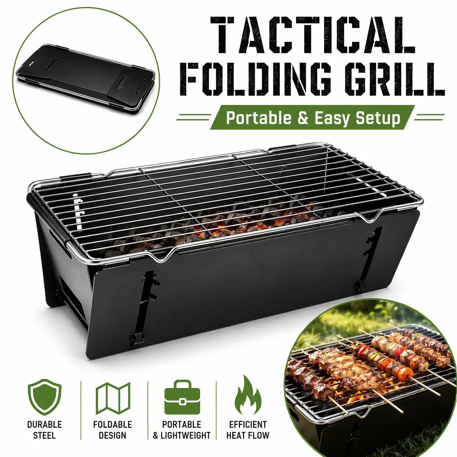 Portable Foldable Charcoal BBQ Grill, Height Adjustable Charcoal Tray Suitable for Square Charcoal, Outdoor Tactical Camping Barbecue Stove, 2 Sizes Complete Accessories with Carry Bag for Picnic Backyard