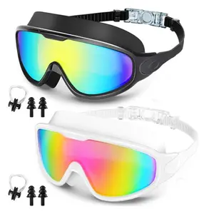 2 Pcs Swimming Glasses , Panoramic Large Frame Design, Suitable for Adults/teens, Unisex, Includes Swim Goggles, Nose Clips, Ear Plugs，Swimming goggles provide clear visibility and are waterproof and fog proof, Swim Kit, Noseclip, Cool Swimming Goggles