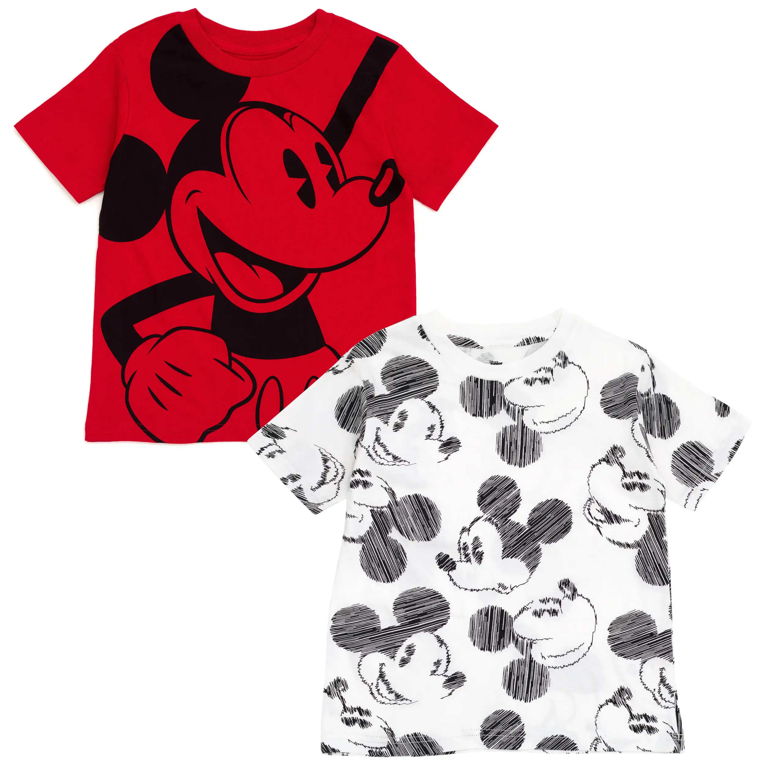 Disney Mickey Mouse Boys' 2-Pack Short Sleeve Graphic Tees - Allover Print, CPSIA Safe, Everyday Wear, Reinforced Seams, Ribbed Neck - Red, White - Toddler to Big Kid Tops, Soft Cotton, Graphic Prints, Machine Wash, Ribbed Crew, Pullovers, Breathable Knit