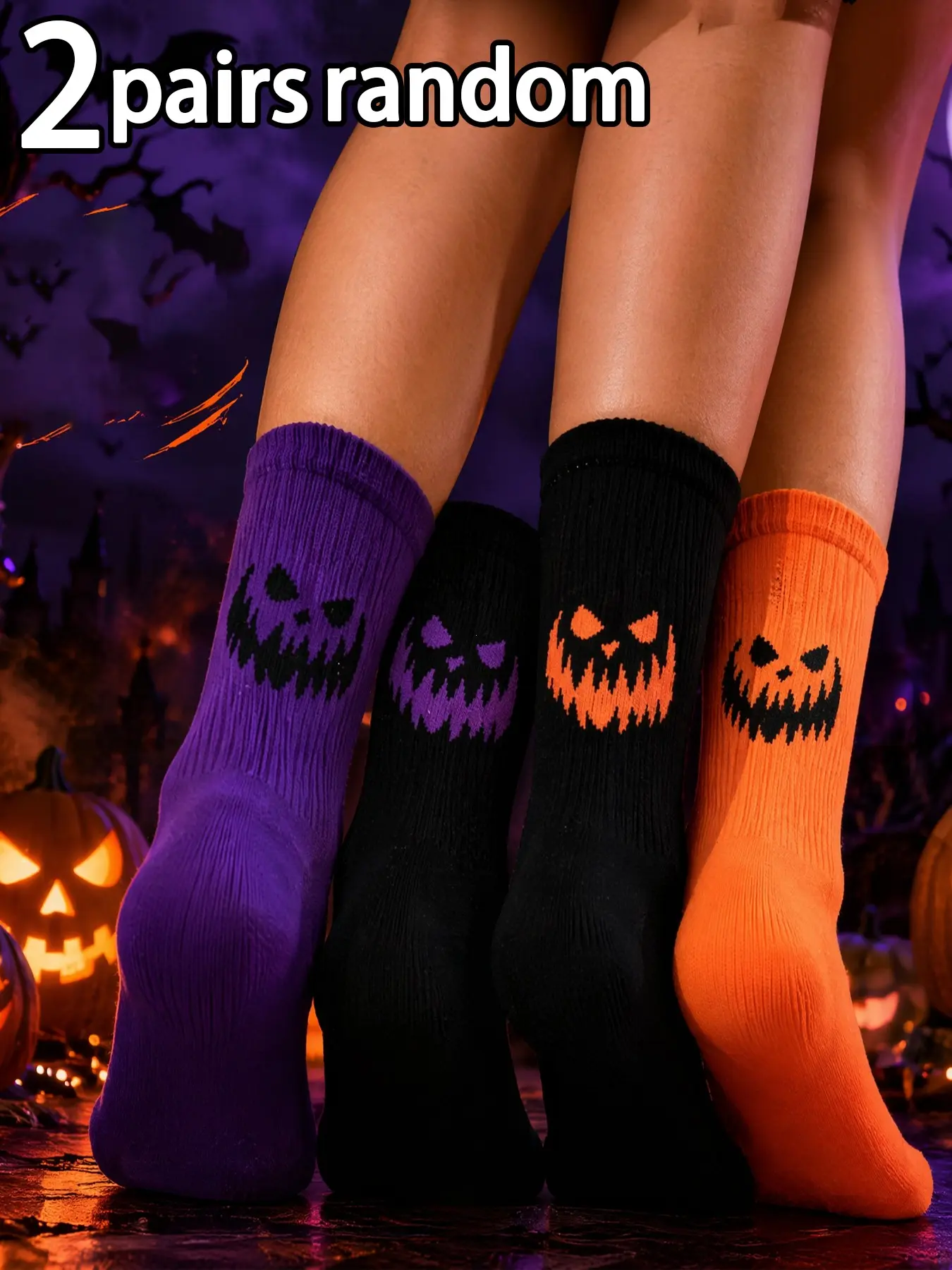 2 Pairs Random Halloween Style Ankle Socks, Unisex Funny Ghost Face Design, Perfect for Spring & Fall, Casual Fit