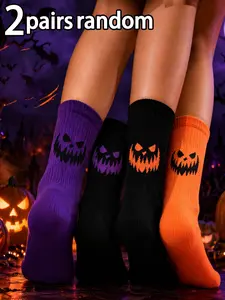 2 Pairs Random Halloween Style Ankle Socks, Unisex Funny Ghost Face Design, Perfect for Spring & Fall, Casual Fit