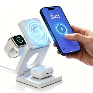 Foldable Magnetic Phone Holder & 3-in-1 Wireless Charger for iPhone12-17, Apple Watch, AirPods - Travel-Portable Compact Space-Saving Charging Stand