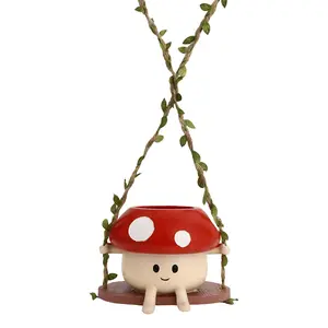 Fun Mushroom Swing Face Planter Pot – Cute Hanging Mushroom Resin Planter with Swing Seat, Perfect for String of Pearls, Succulents, Small Indoor Plants, Desktop, Shelf, Home & Office Decor, Whimsical Garden Gift