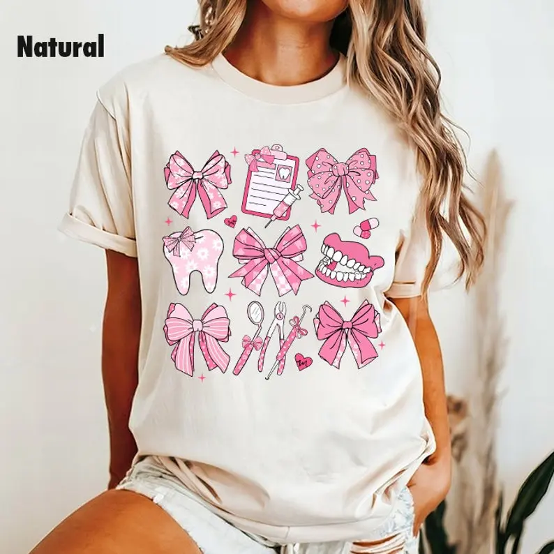 Dentist Coquette Shirt, Dental T-shirt, Dental Hygienist Tee, Girly Dental Assistant Shirt, Coquette Era Tee, Girly Bow Shirt, Soft Girl Era Cotton Fabric