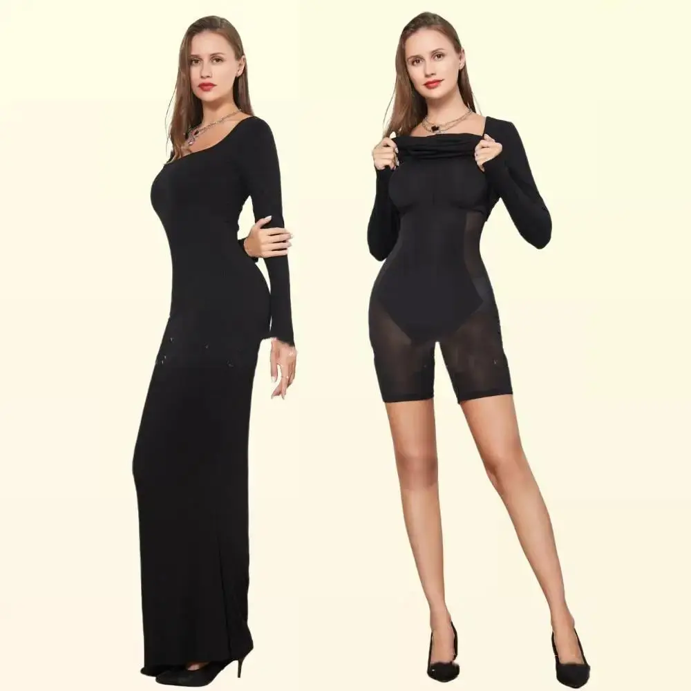 Shapewear Dress Long Sleeve Basic Maxi Dress Built in Tummy Control Fabric Womenswear Fabric Womenswear