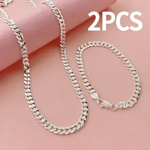 2pcs 925 Silver Plated 7mm Sideways Cuban Necklace & Bracelet Set for Men Women Daily Wear Birthday Party Gift Ideal Sleek Silver Finish,bracelet length 8IN, necklace length 20/24IN
