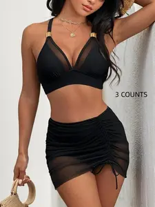 Three-piece Set Women's Solid Color Swim Bra & Panty & Swim Bottom & Ruched Cover Up Skirt Set, Sexy Swimwear Set for Beach Holiday Vacation, Ladies Swimsuit for All Seasons, Swim Top Set