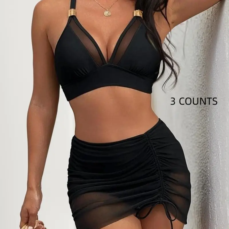 Three-Piece Women's Solid Color Swim Bra & Panty & Ruched Cover Up Skirt Bikini Set, Sexy Swimwear for Beach Holiday Vacation, Summer Swimsuit, Bathing Suit, Swimsuit Sets