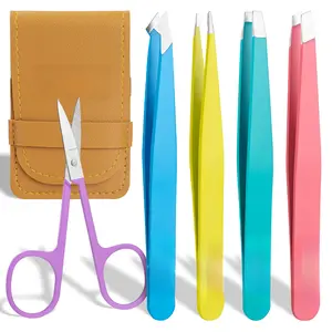 Professional Tweezer Set with Case - 5 count Slanted and Pointed Stainless Steel Tweezer Set, Precision Slant Tweezers for Eyebrows, Facial Hair, Ingrown Hair, Splinter and Blackhead