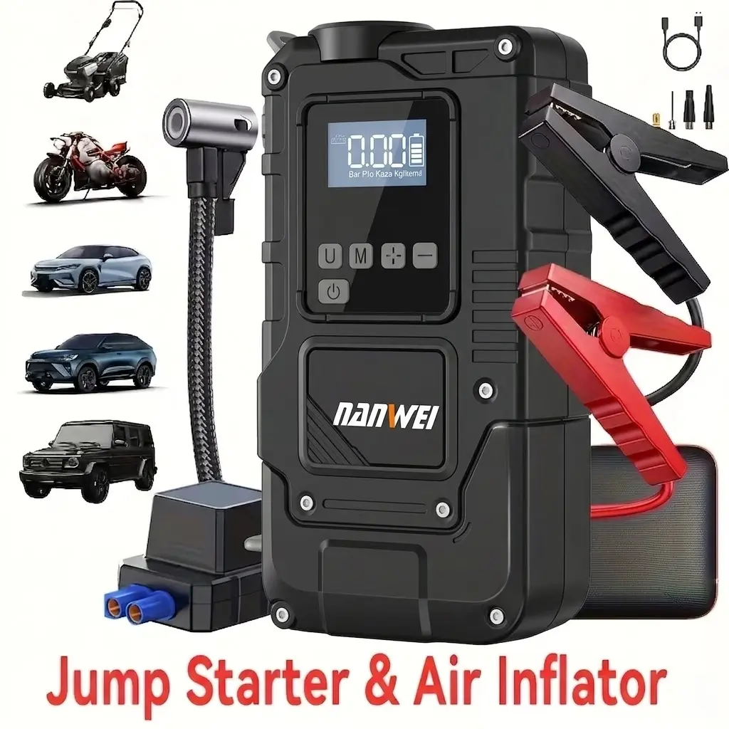 Nanwei 2-in-1 Car Jump Starter with Built-in Tire Air Inflator, Portable 12V Vehicle Emergency Booster Pack Digital LCD Tire Pump, Roadside Power Kit for Car Motorcycle Lawn Mower
