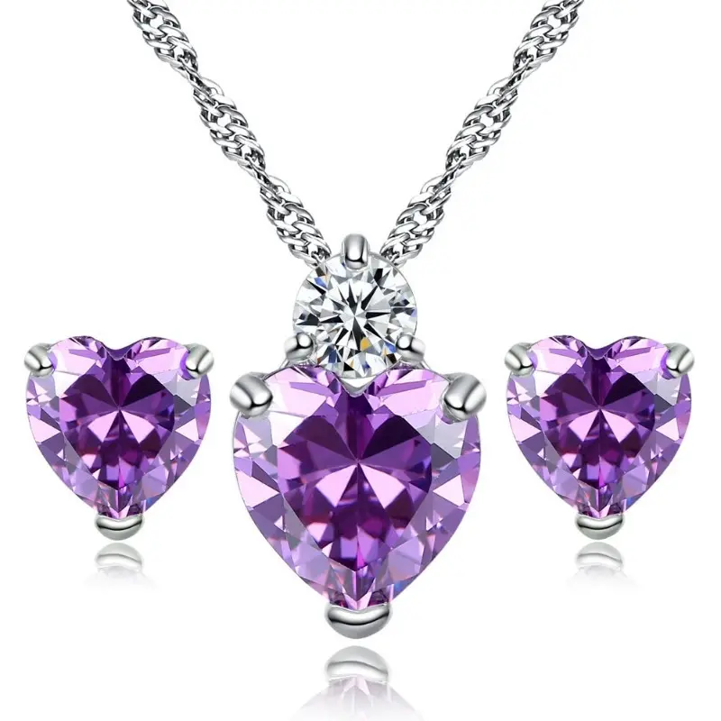 2Pcs Purple Heart CZ Jewelry Set – Silver Tone Matching Heart Pendant Necklace & Stud Earrings Kit, Hypoallergenic Romantic Jewelry for Date Wedding Anniversary Gift