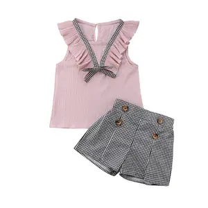 2Pcs Kids Toddler Baby Infant Girls Outfits Set Ruffle Sleeveless Bow Tie Top + Plaid Print Button Shorts Clothes